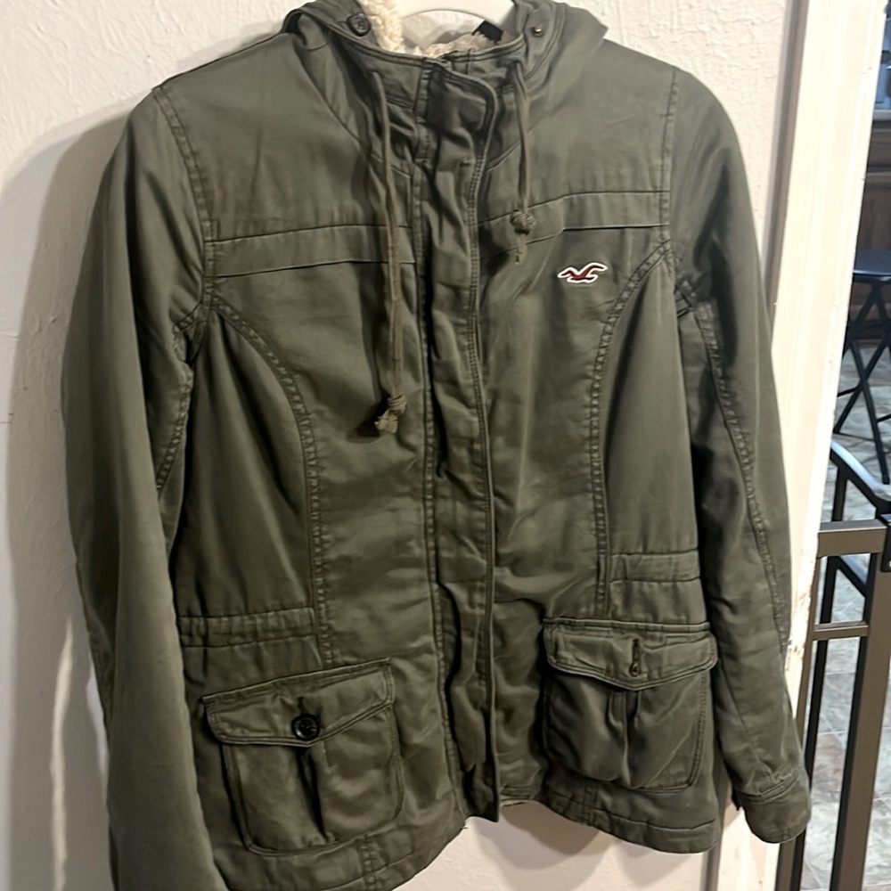 Hollister Military Style Green Full Zip Fur Lined Hooded Womens Jacket Size L